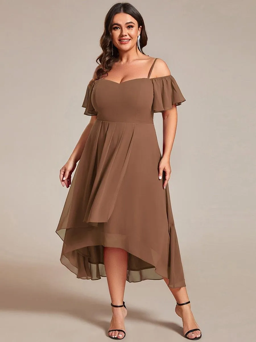 Spaghetti Strap Cold Shoulder Chiffon A-Line Midi Wedding Guest Dress
