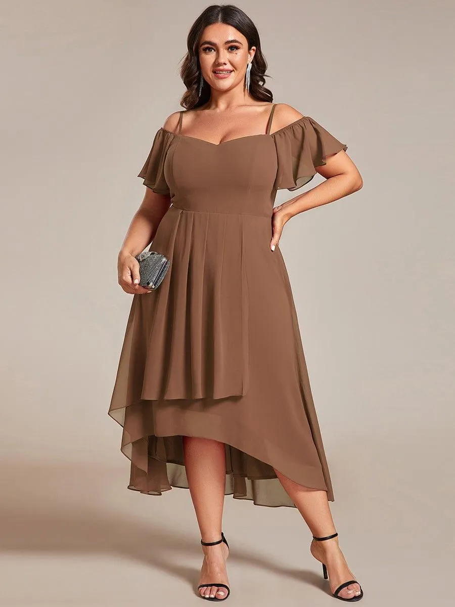 Spaghetti Strap Cold Shoulder Chiffon A-Line Midi Wedding Guest Dress