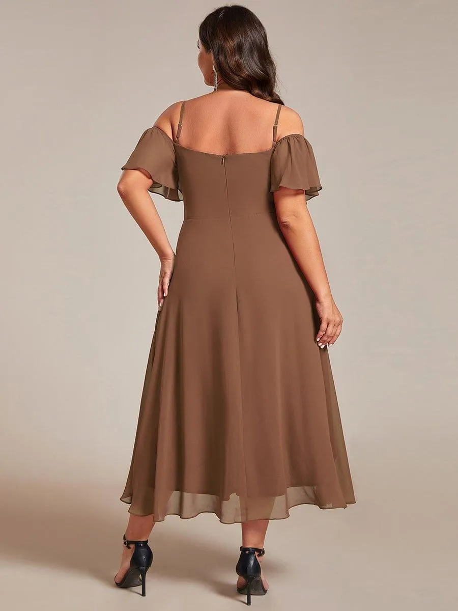 Spaghetti Strap Cold Shoulder Chiffon A-Line Midi Wedding Guest Dress