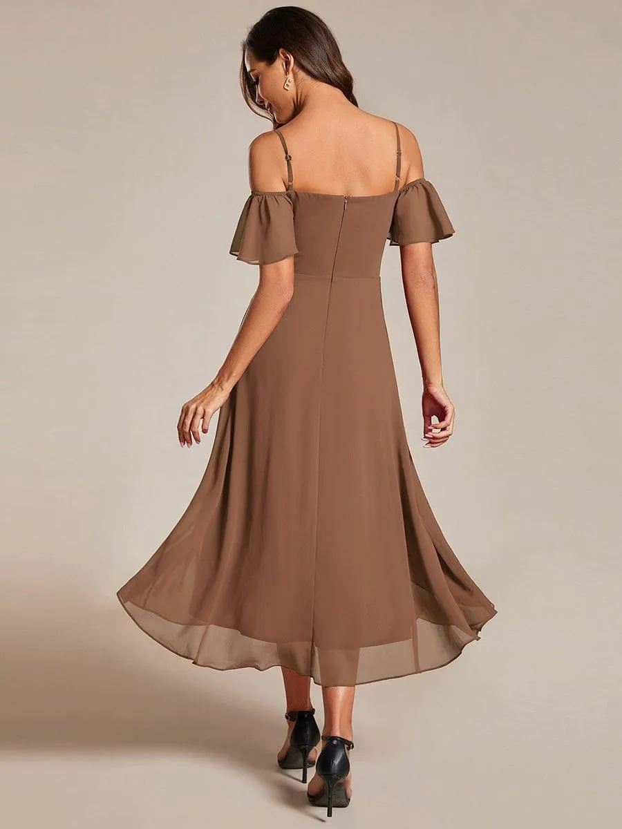 Spaghetti Strap Cold Shoulder Chiffon A-Line Midi Wedding Guest Dress