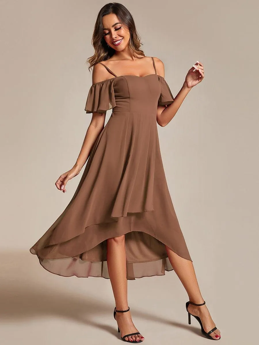 Spaghetti Strap Cold Shoulder Chiffon A-Line Midi Wedding Guest Dress