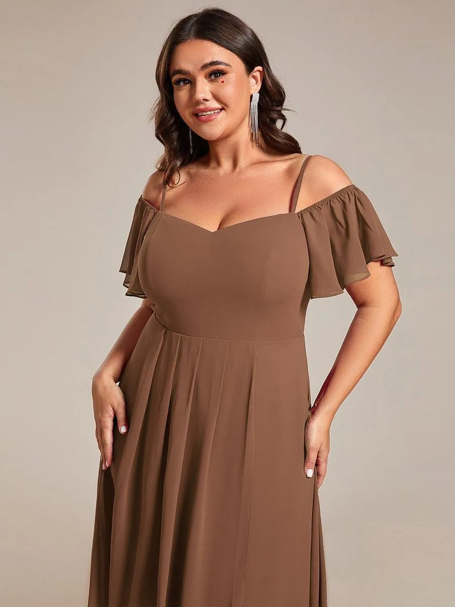 Spaghetti Strap Cold Shoulder Chiffon A-Line Midi Wedding Guest Dress
