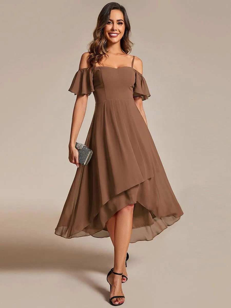 Spaghetti Strap Cold Shoulder Chiffon A-Line Midi Wedding Guest Dress