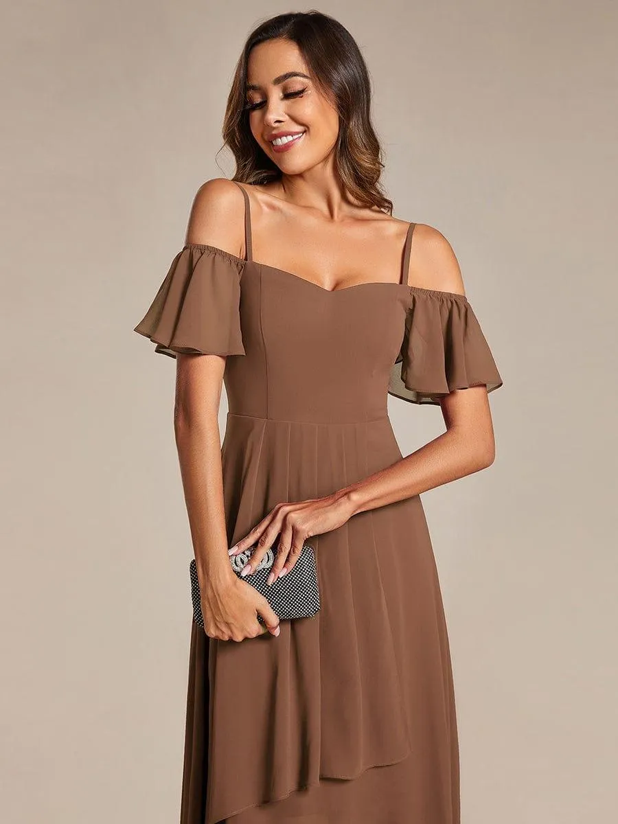 Spaghetti Strap Cold Shoulder Chiffon A-Line Midi Wedding Guest Dress