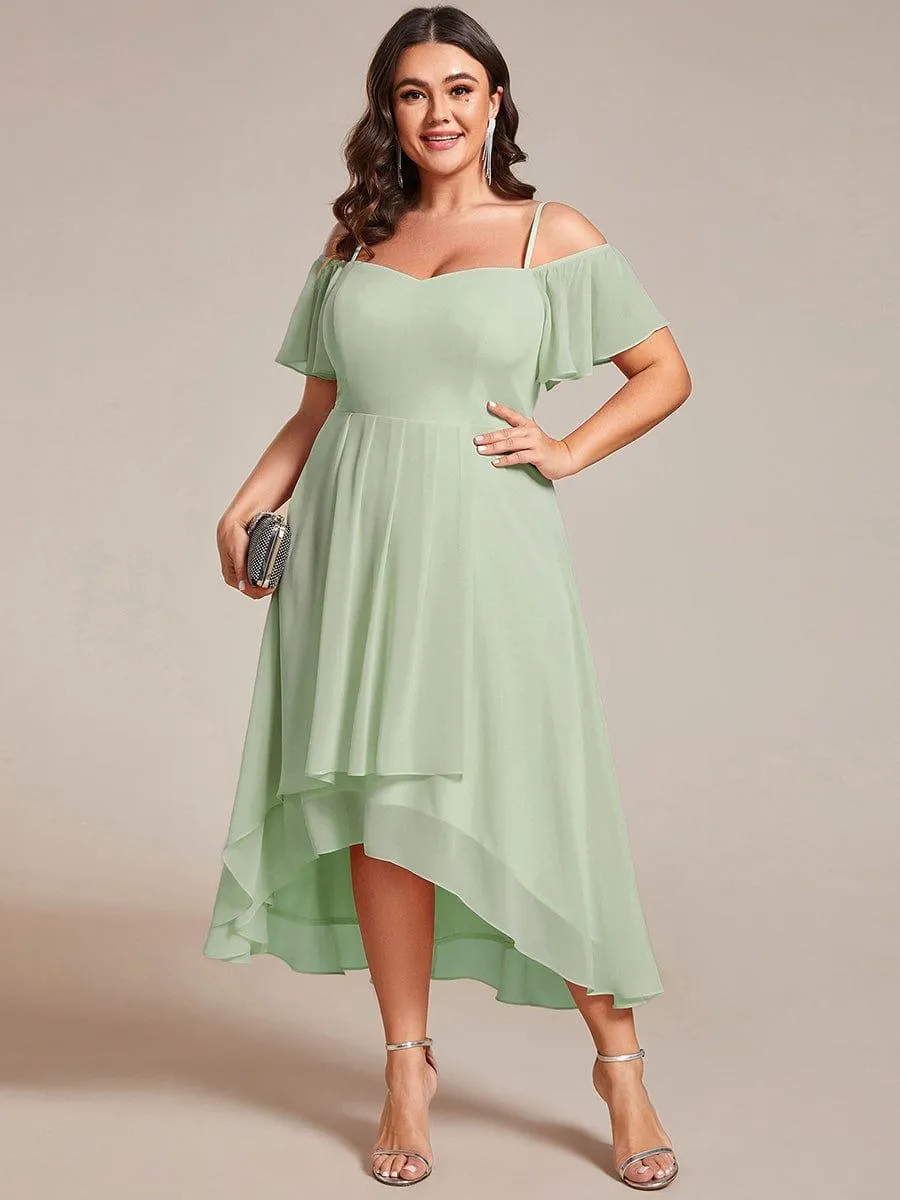 Spaghetti Strap Cold Shoulder Chiffon A-Line Midi Wedding Guest Dress