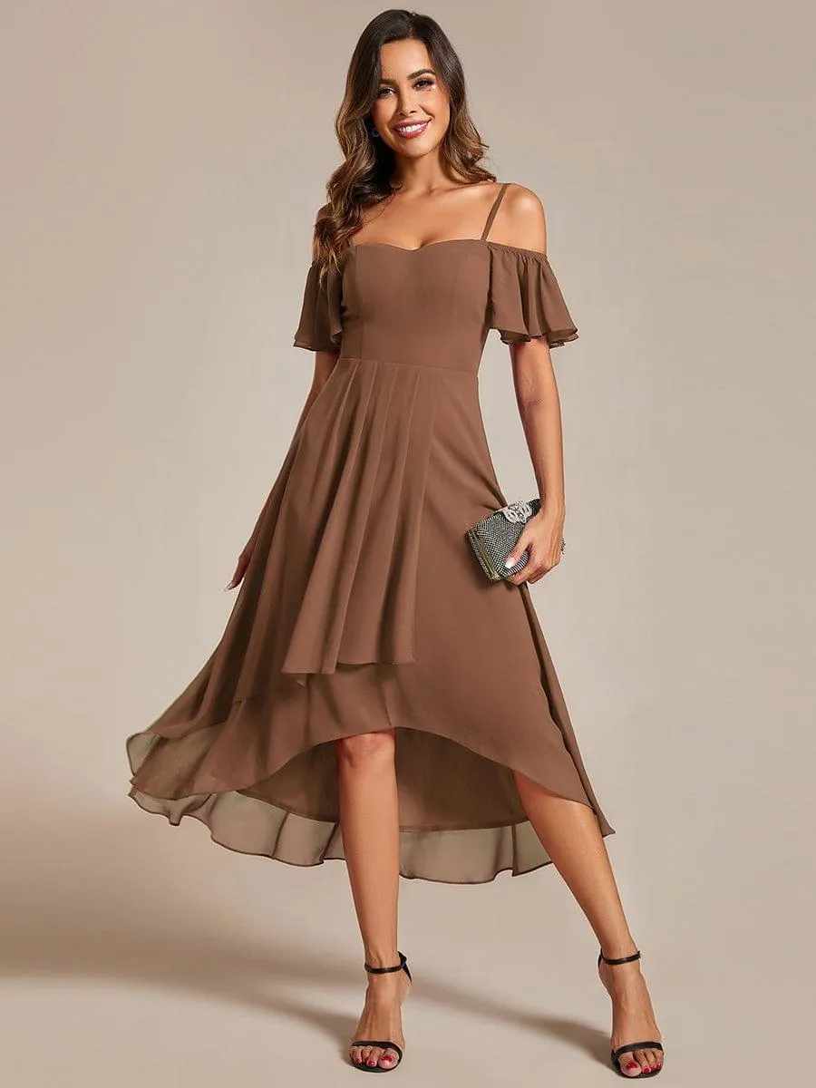 Spaghetti Strap Cold Shoulder Chiffon A-Line Midi Wedding Guest Dress