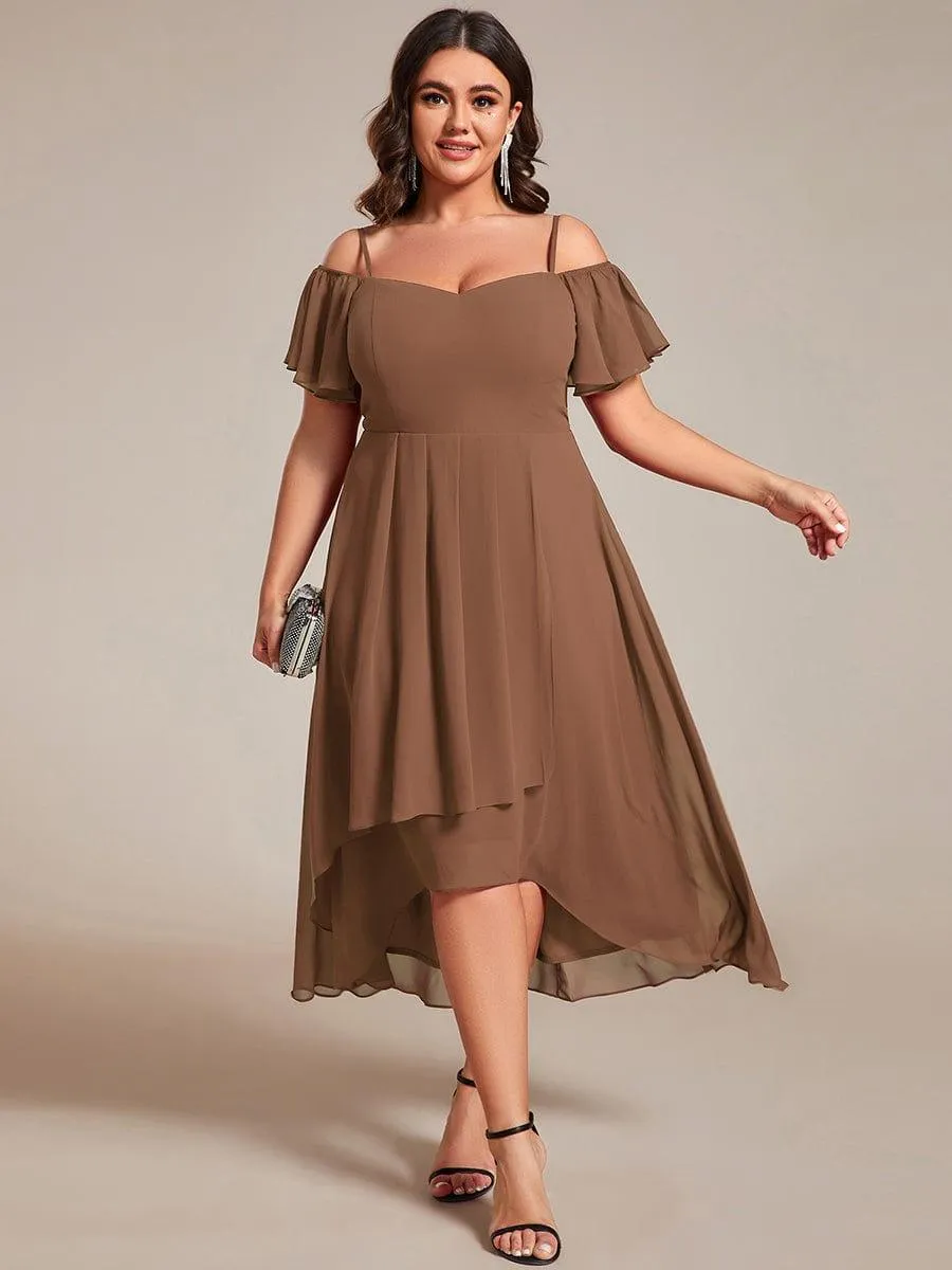 Spaghetti Strap Cold Shoulder Chiffon A-Line Midi Wedding Guest Dress