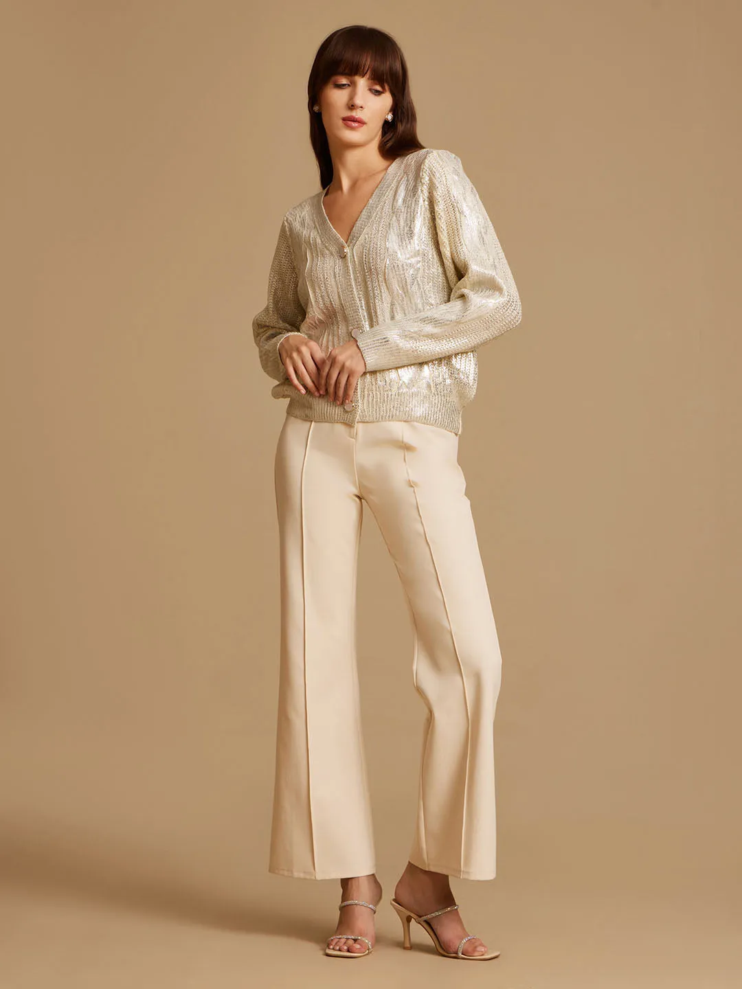 Textured Cable Knit Cardigan With Foiling