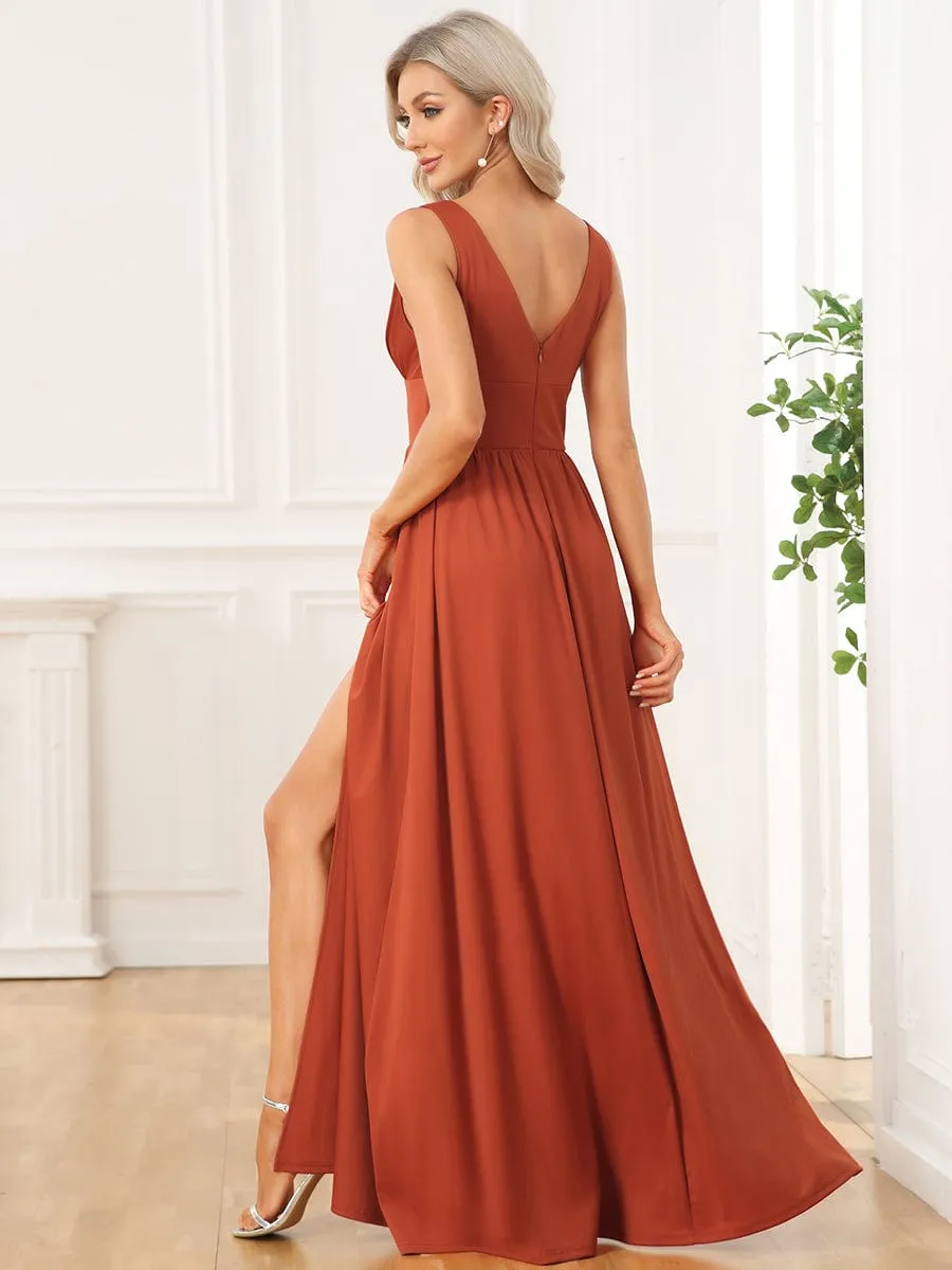 V-Neck High Slit Empire Waist Floor-Length Evening Dress