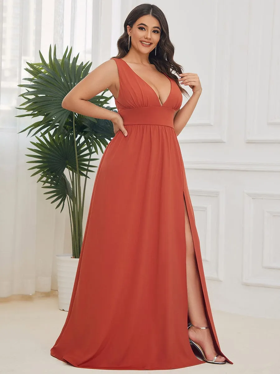 V-Neck High Slit Empire Waist Floor-Length Evening Dress