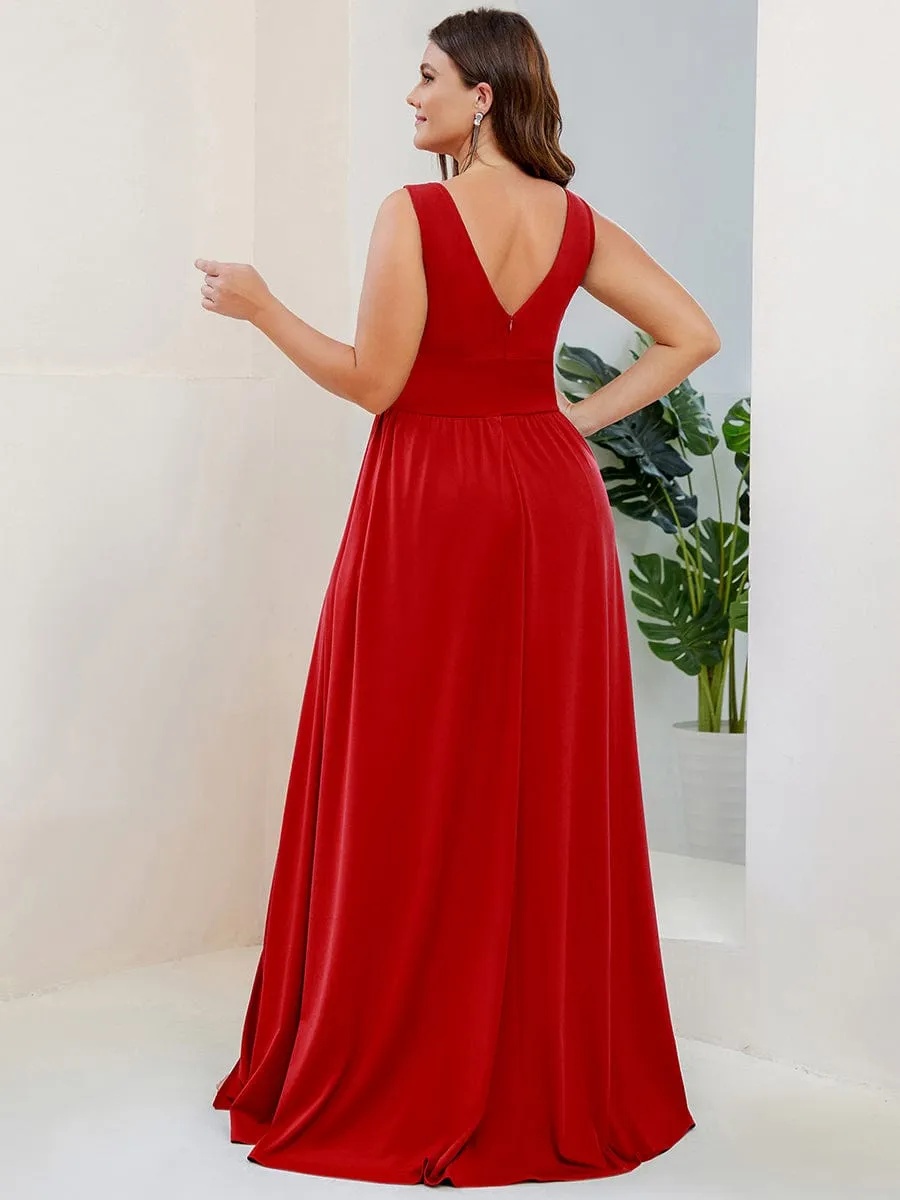 V-Neck High Slit Empire Waist Floor-Length Evening Dress