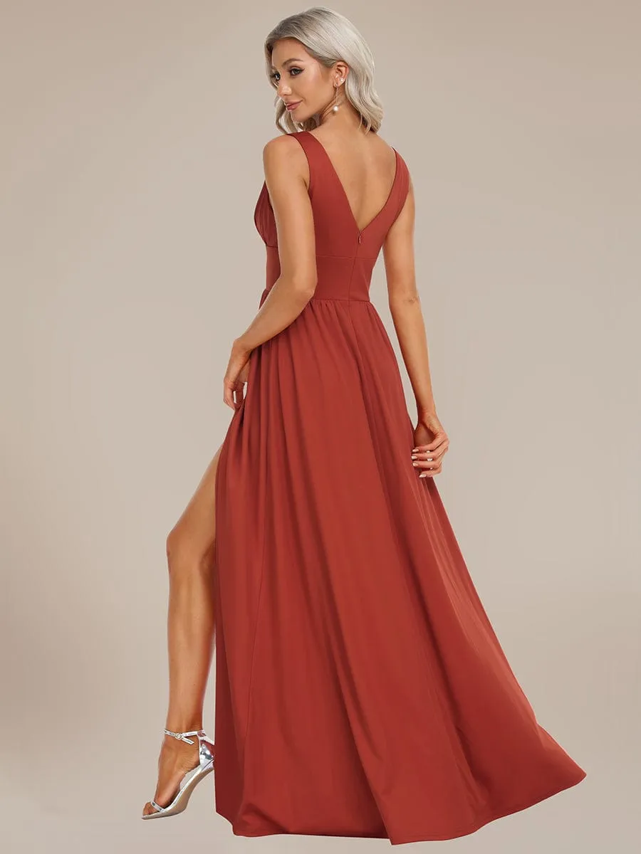 V-Neck High Slit Empire Waist Floor-Length Evening Dress