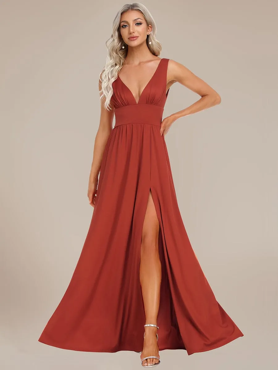 V-Neck High Slit Empire Waist Floor-Length Evening Dress