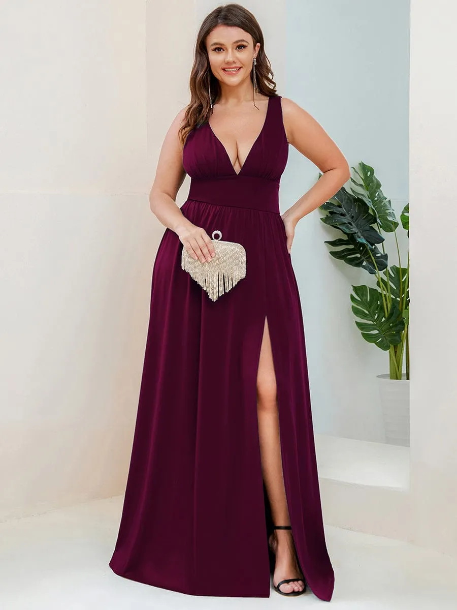 V-Neck High Slit Empire Waist Floor-Length Evening Dress