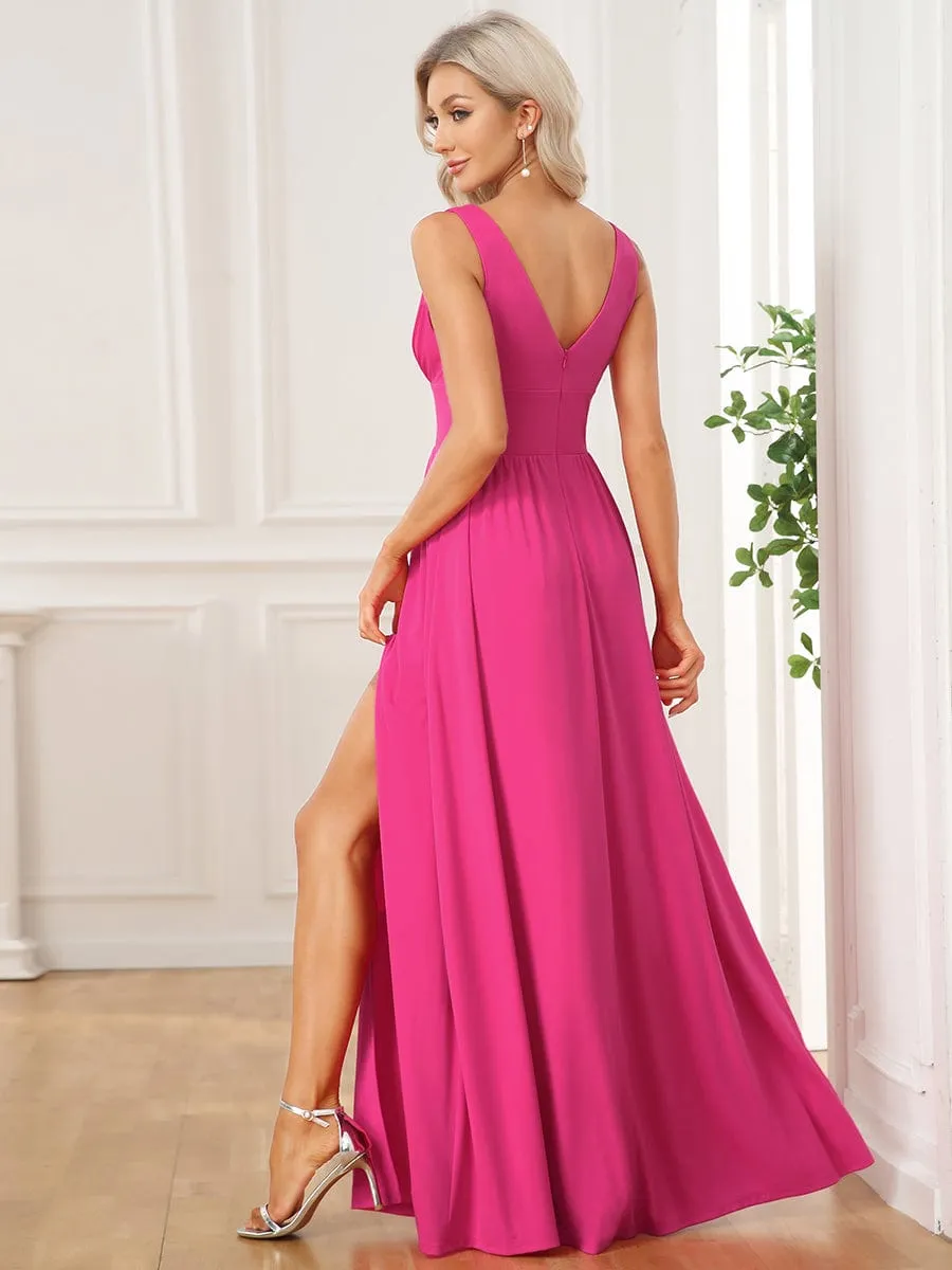 V-Neck High Slit Empire Waist Floor-Length Evening Dress