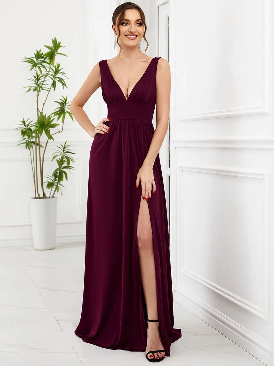 V-Neck High Slit Empire Waist Floor-Length Evening Dress