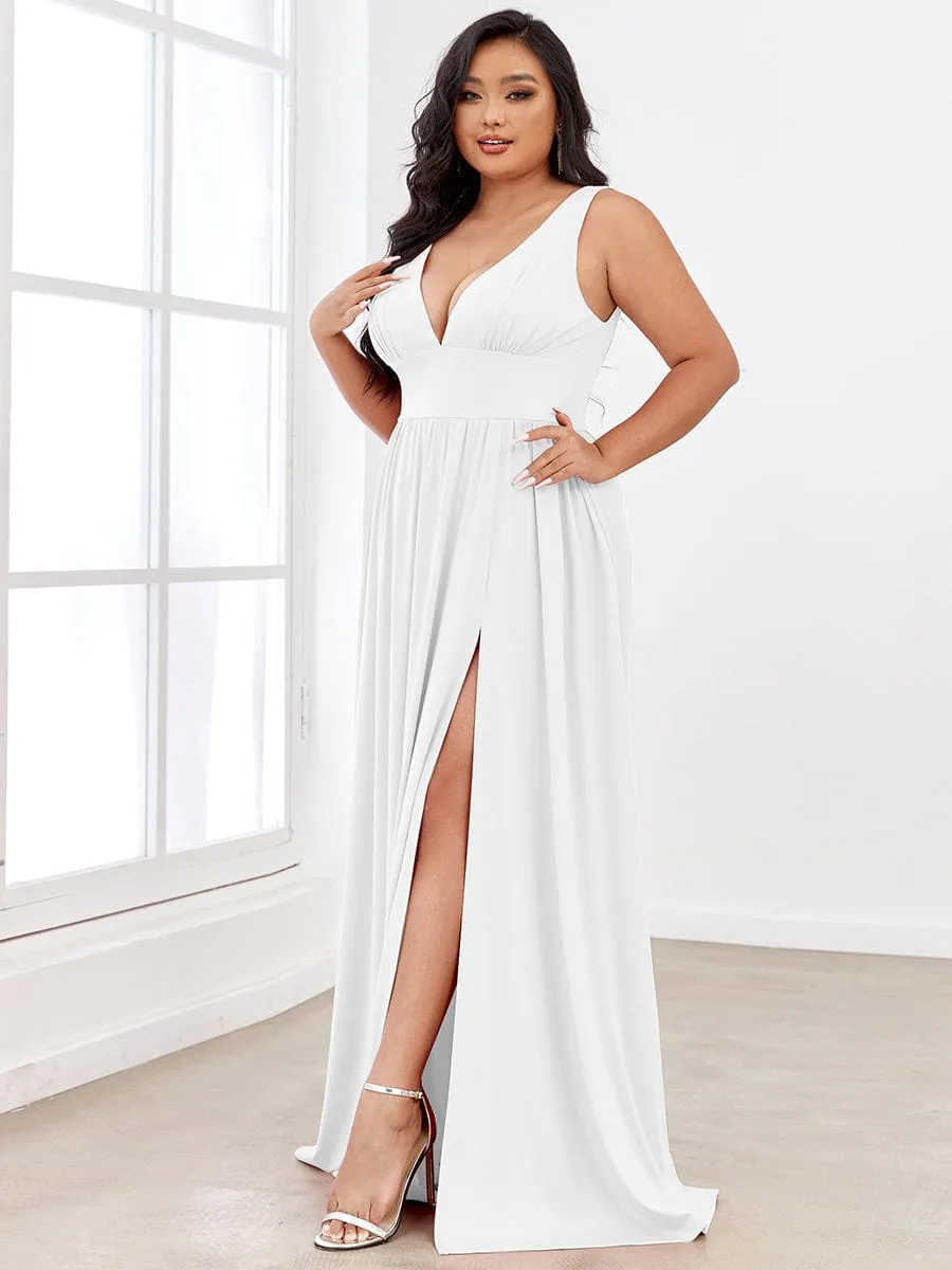 V-Neck High Slit Empire Waist Floor-Length Evening Dress