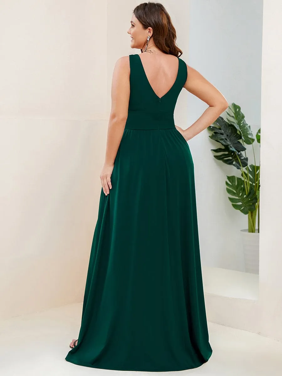 V-Neck High Slit Empire Waist Floor-Length Evening Dress