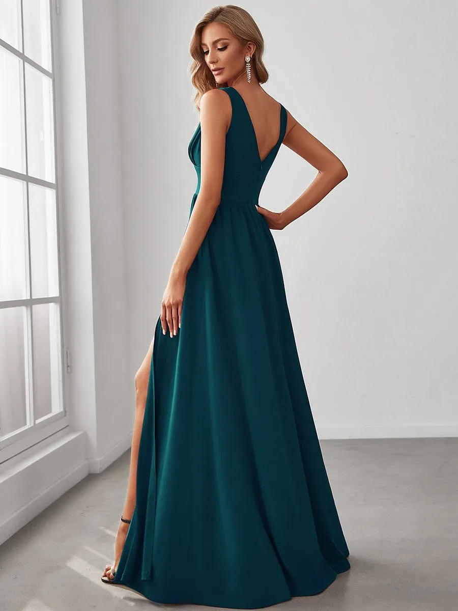 V-Neck High Slit Empire Waist Floor-Length Evening Dress