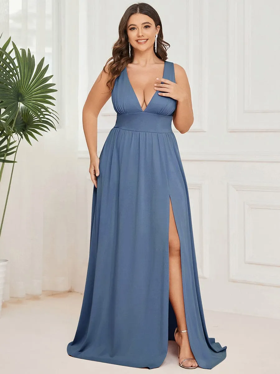 V-Neck High Slit Empire Waist Floor-Length Evening Dress