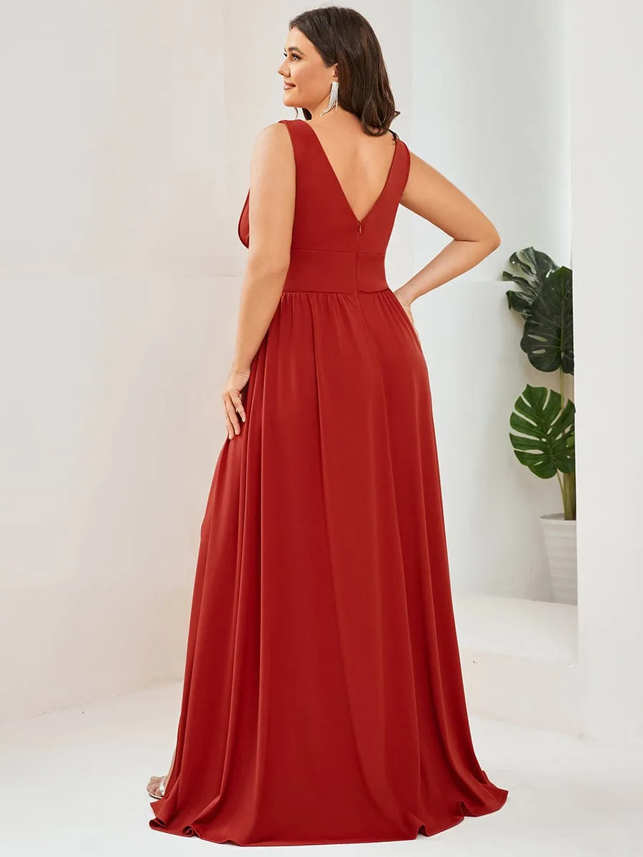 V-Neck High Slit Empire Waist Floor-Length Evening Dress