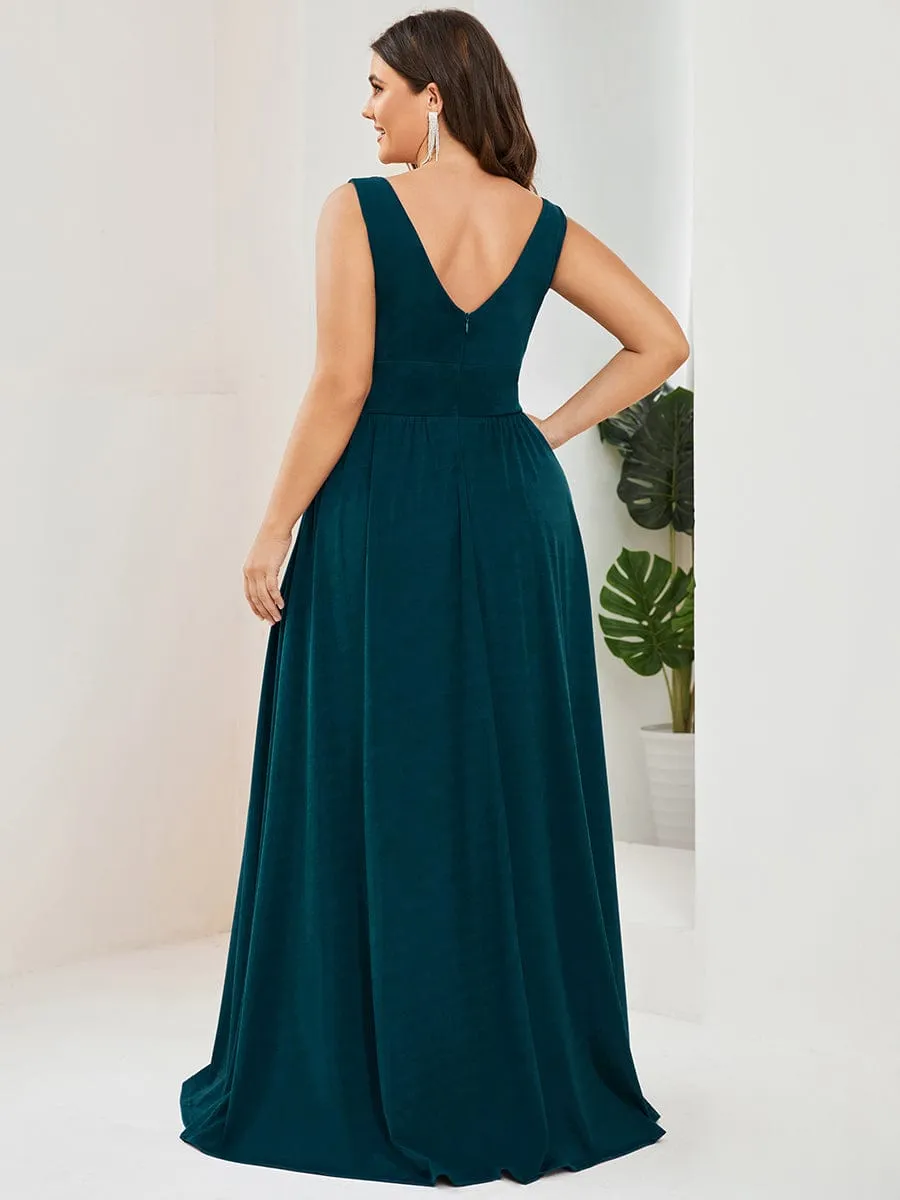 V-Neck High Slit Empire Waist Floor-Length Evening Dress