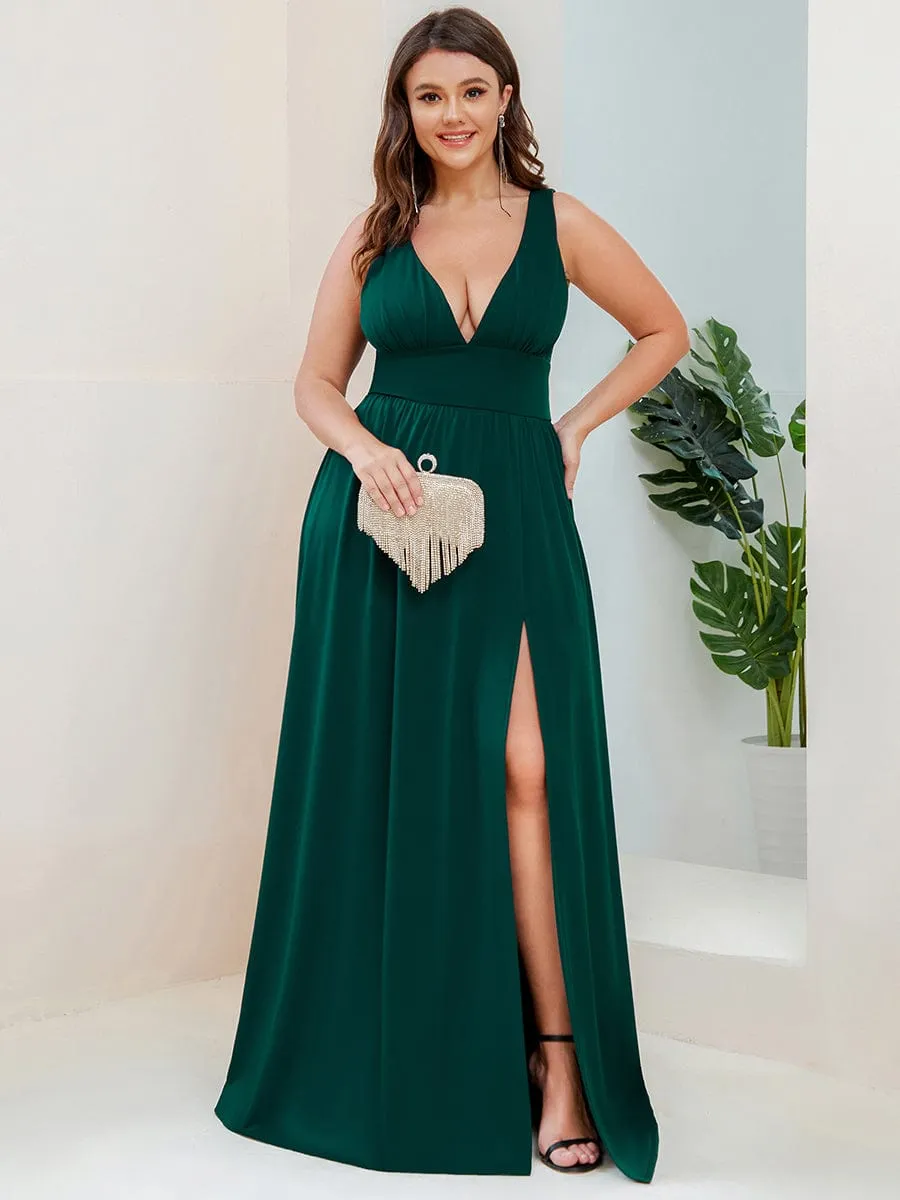 V-Neck High Slit Empire Waist Floor-Length Evening Dress