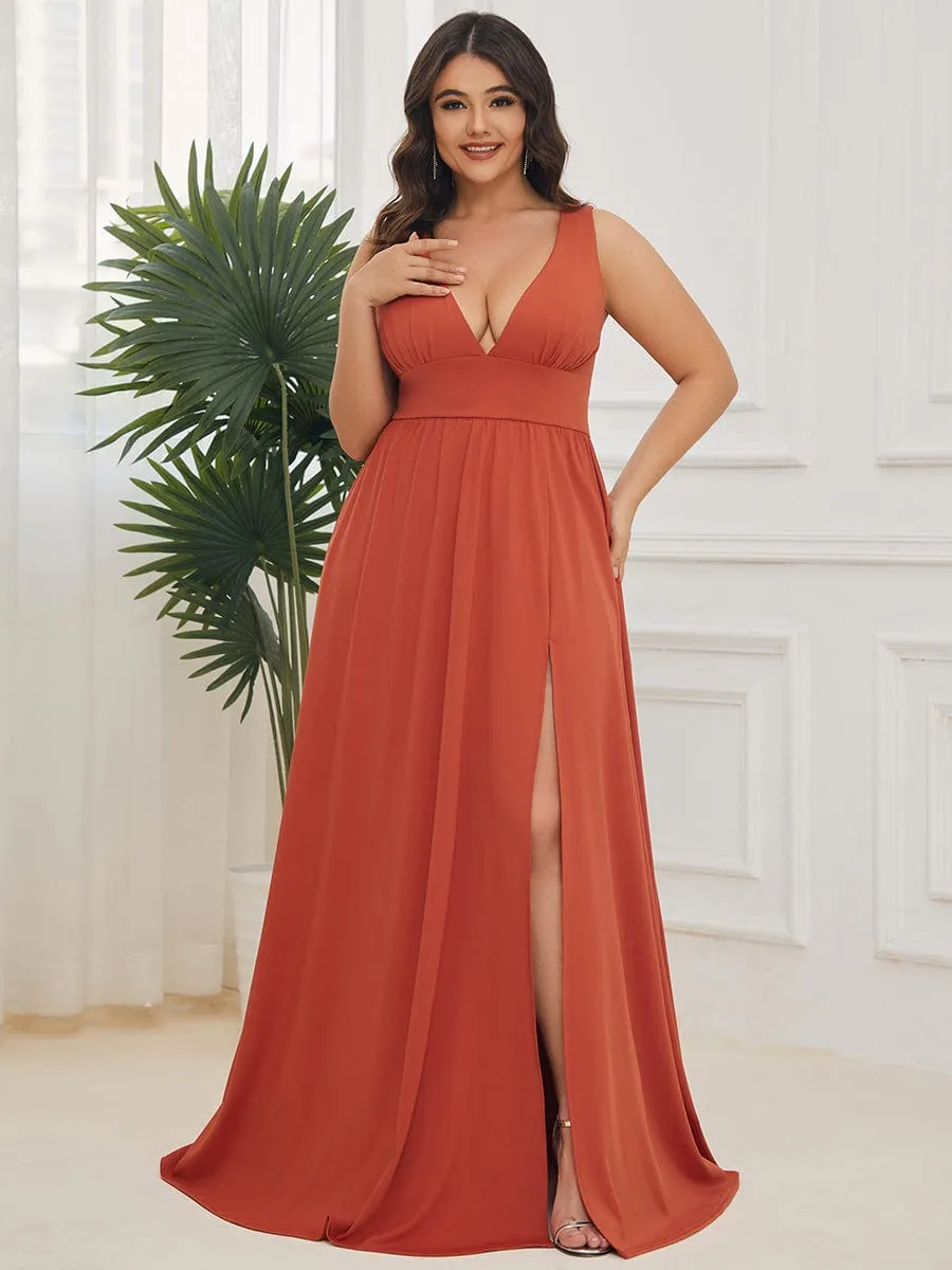 V-Neck High Slit Empire Waist Floor-Length Evening Dress