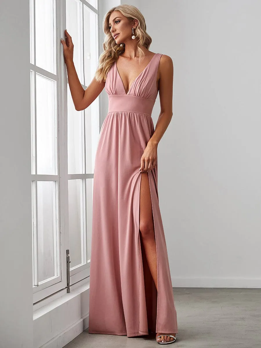 V-Neck High Slit Empire Waist Floor-Length Evening Dress