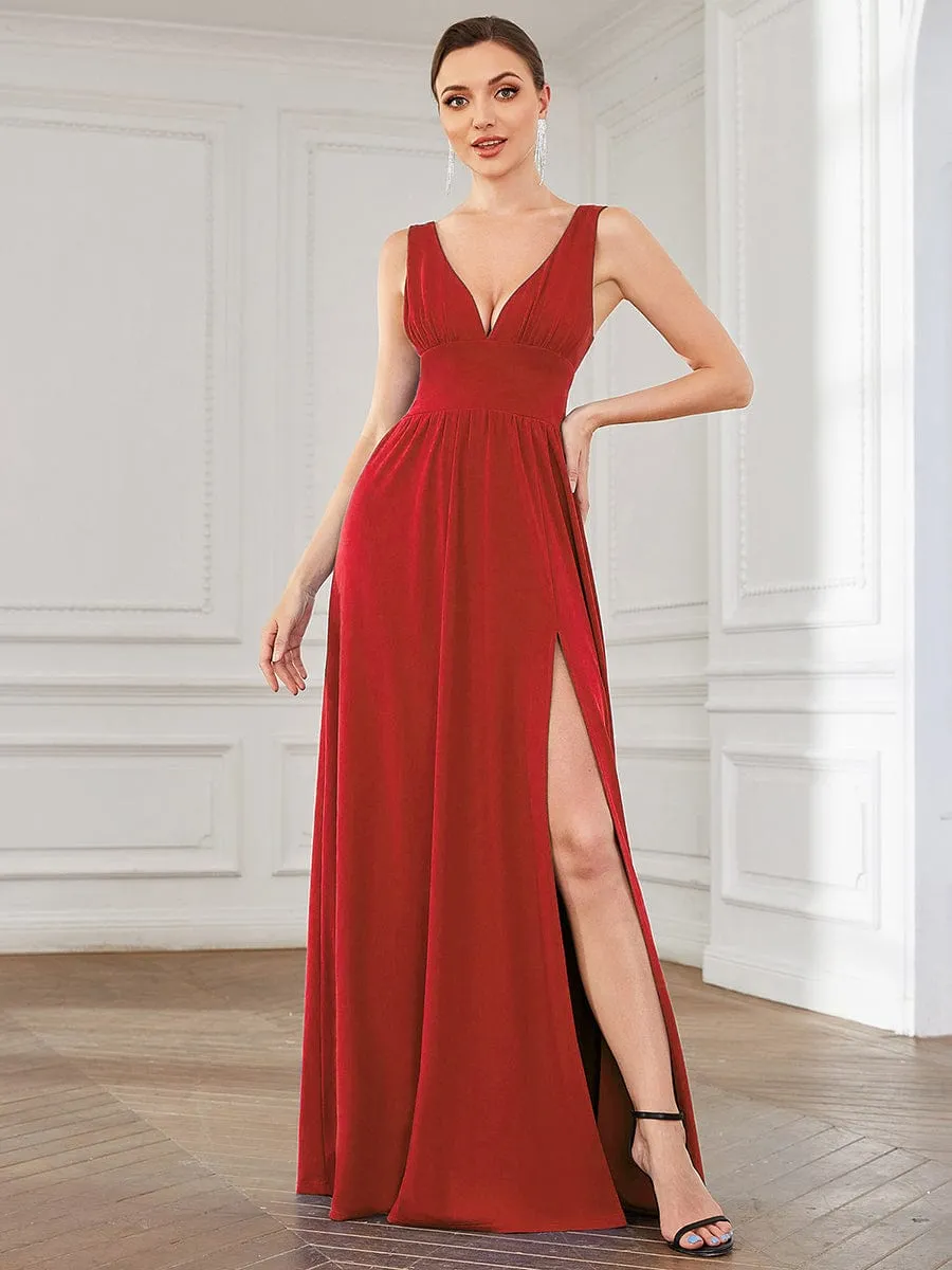 V-Neck High Slit Empire Waist Floor-Length Evening Dress