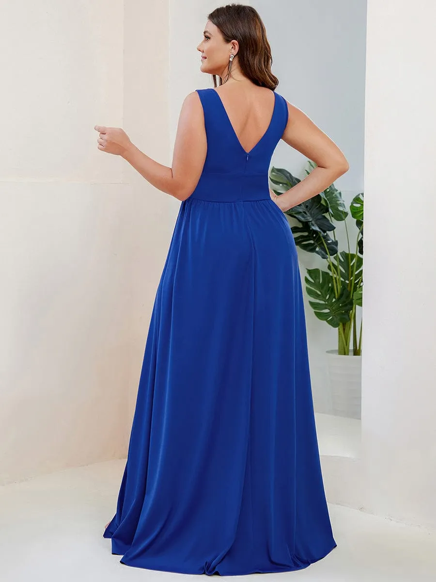V-Neck High Slit Empire Waist Floor-Length Evening Dress
