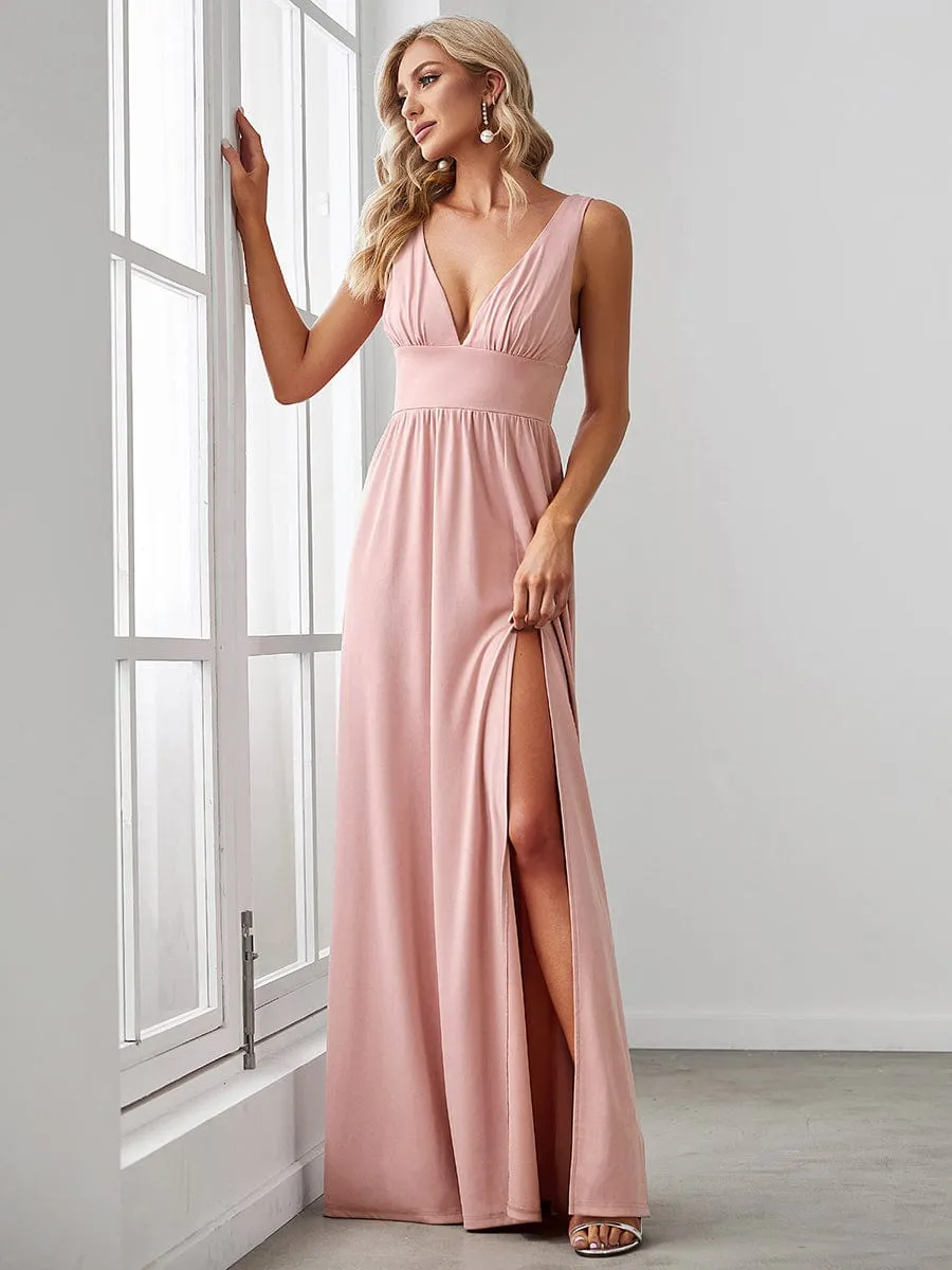 V-Neck High Slit Empire Waist Floor-Length Evening Dress
