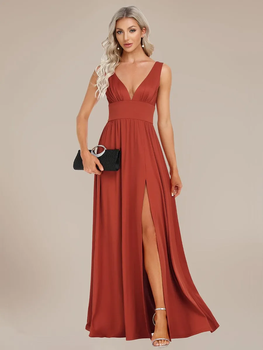 V-Neck High Slit Empire Waist Floor-Length Evening Dress