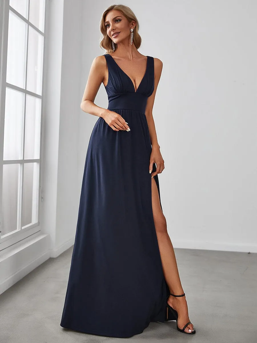V-Neck High Slit Empire Waist Floor-Length Evening Dress