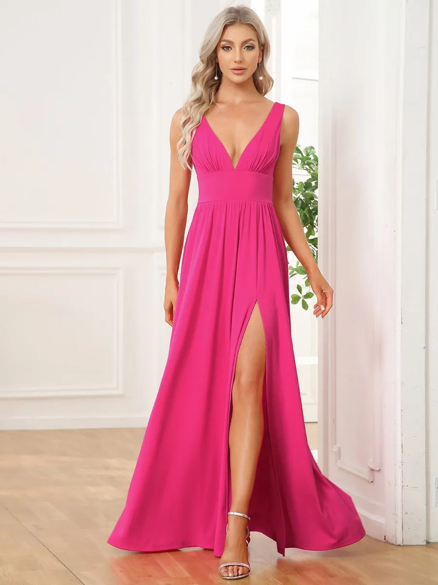 V-Neck High Slit Empire Waist Floor-Length Evening Dress