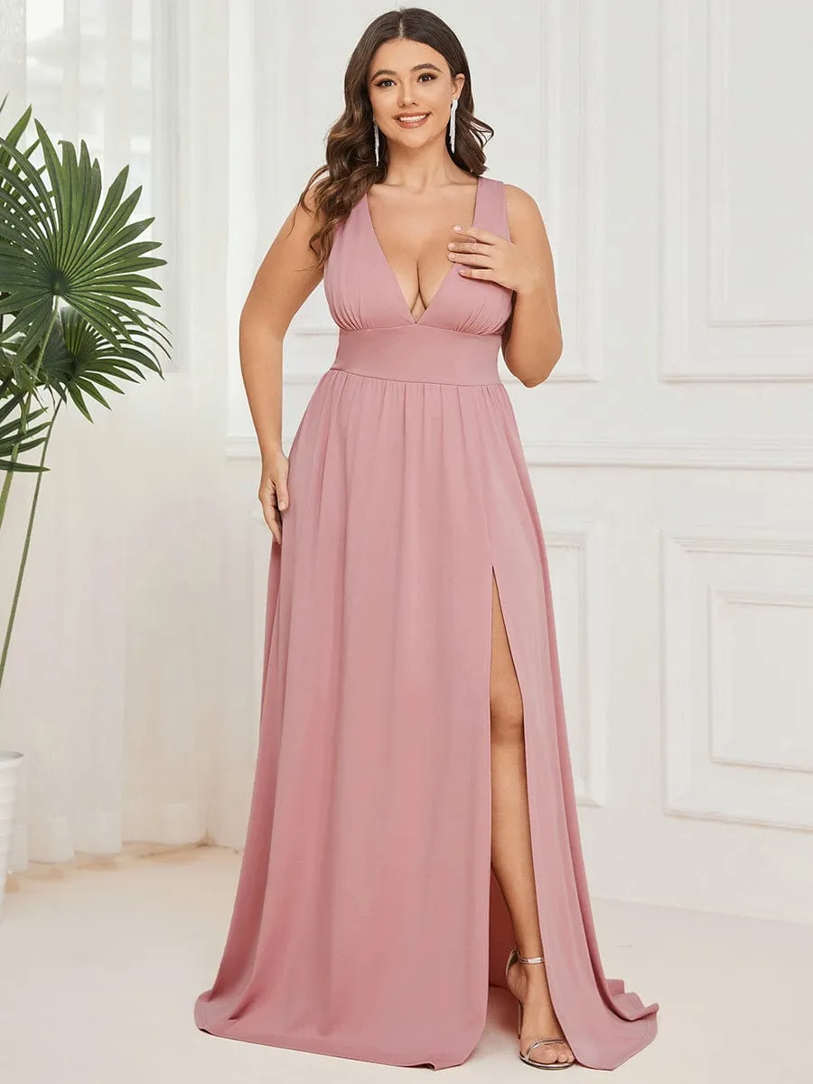V-Neck High Slit Empire Waist Floor-Length Evening Dress