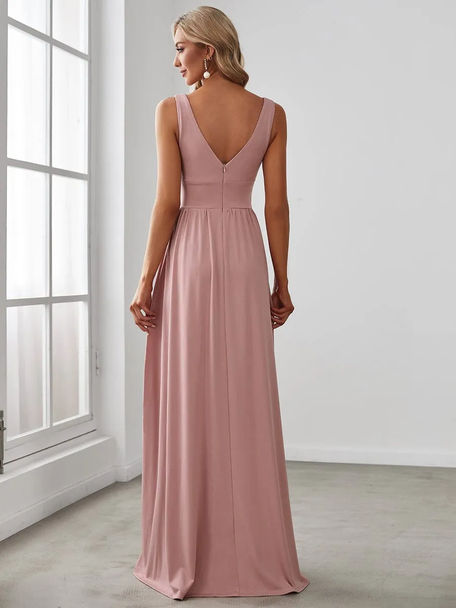 V-Neck High Slit Empire Waist Floor-Length Evening Dress