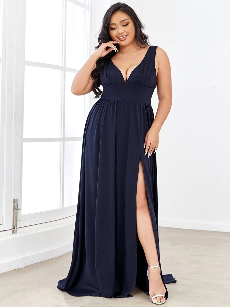 V-Neck High Slit Empire Waist Floor-Length Evening Dress