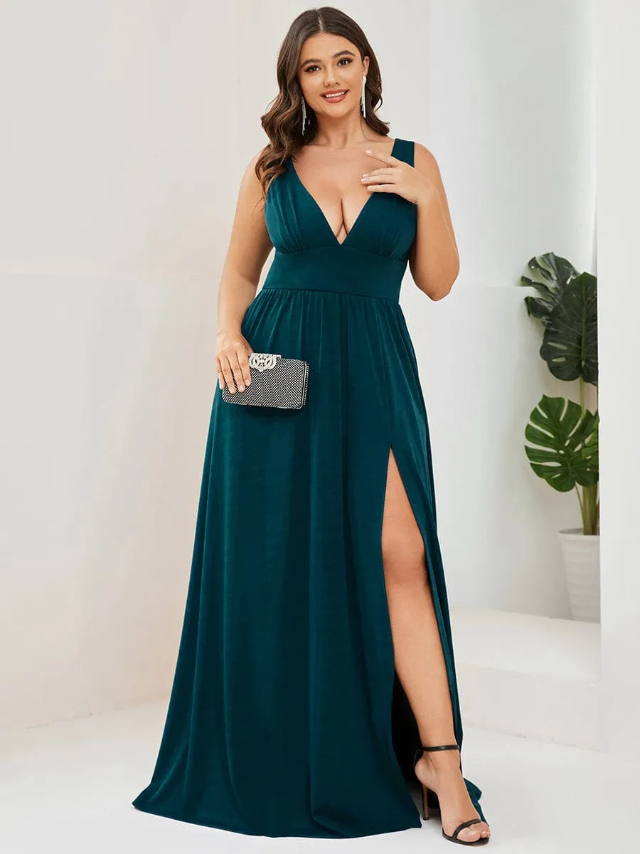 V-Neck High Slit Empire Waist Floor-Length Evening Dress