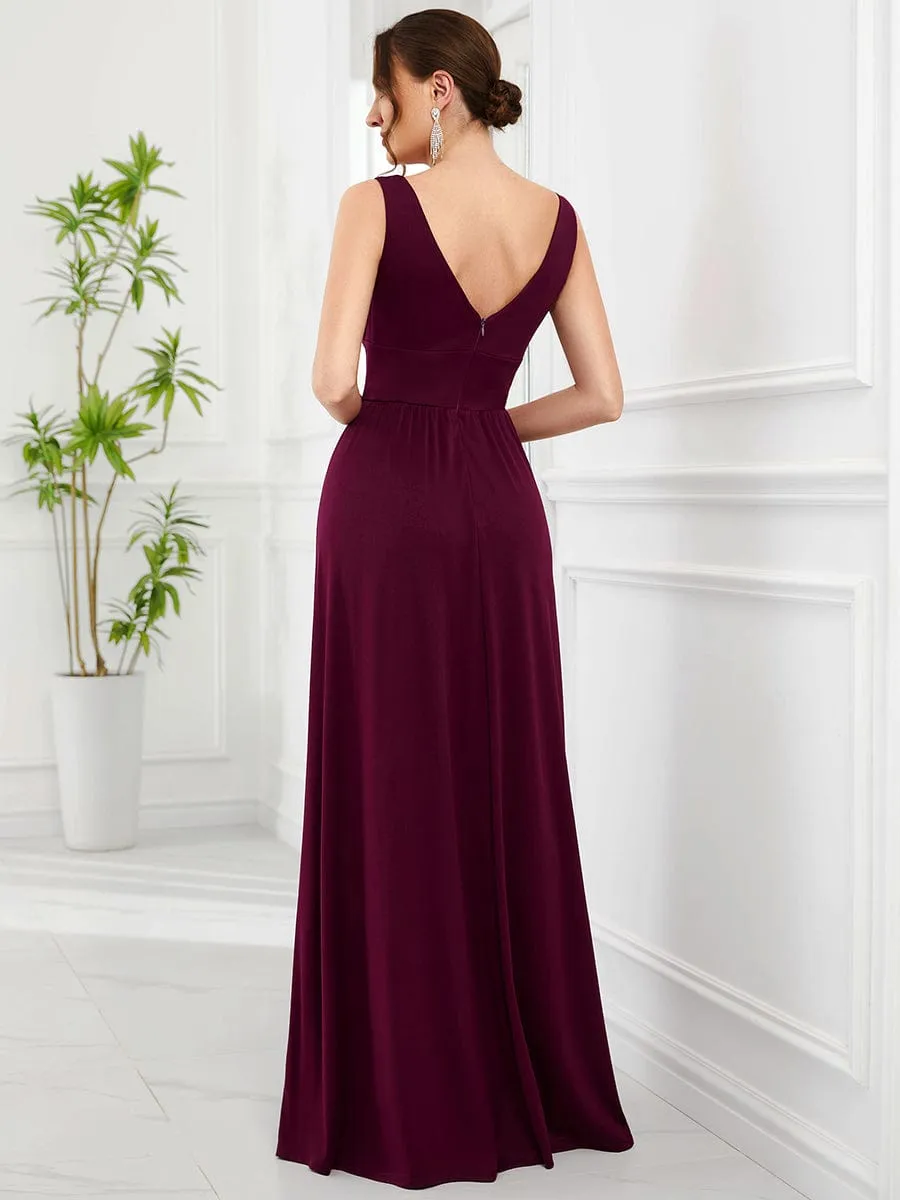 V-Neck High Slit Empire Waist Floor-Length Evening Dress