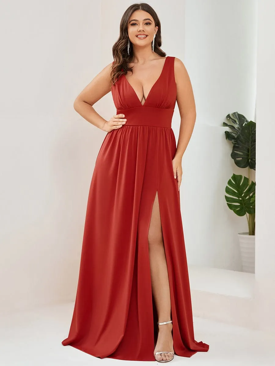 V-Neck High Slit Empire Waist Floor-Length Evening Dress