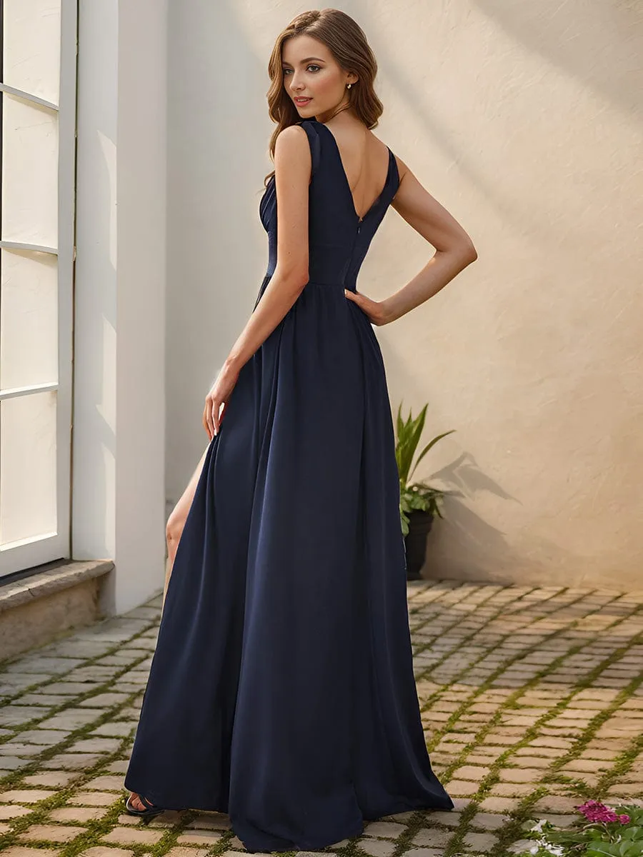 V-Neck High Slit Empire Waist Floor-Length Evening Dress