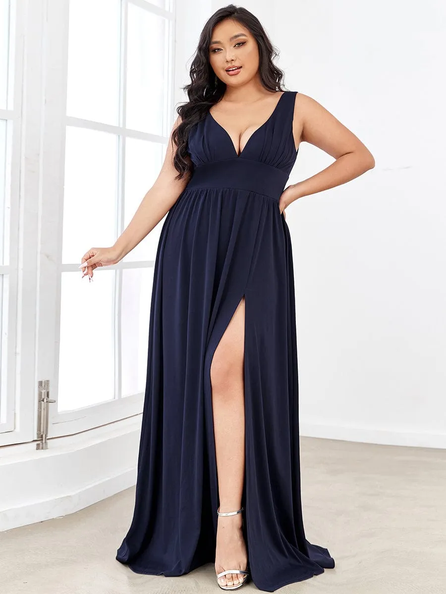 V-Neck High Slit Empire Waist Floor-Length Evening Dress