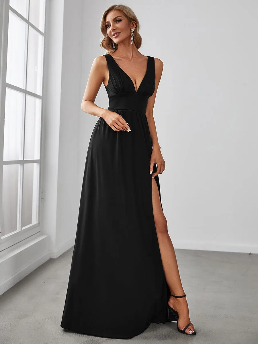V-Neck High Slit Empire Waist Floor-Length Evening Dress