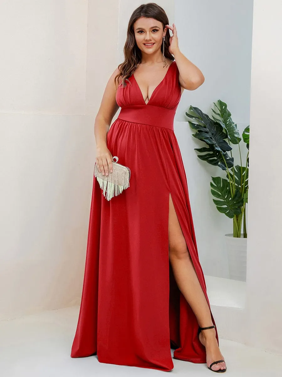 V-Neck High Slit Empire Waist Floor-Length Evening Dress