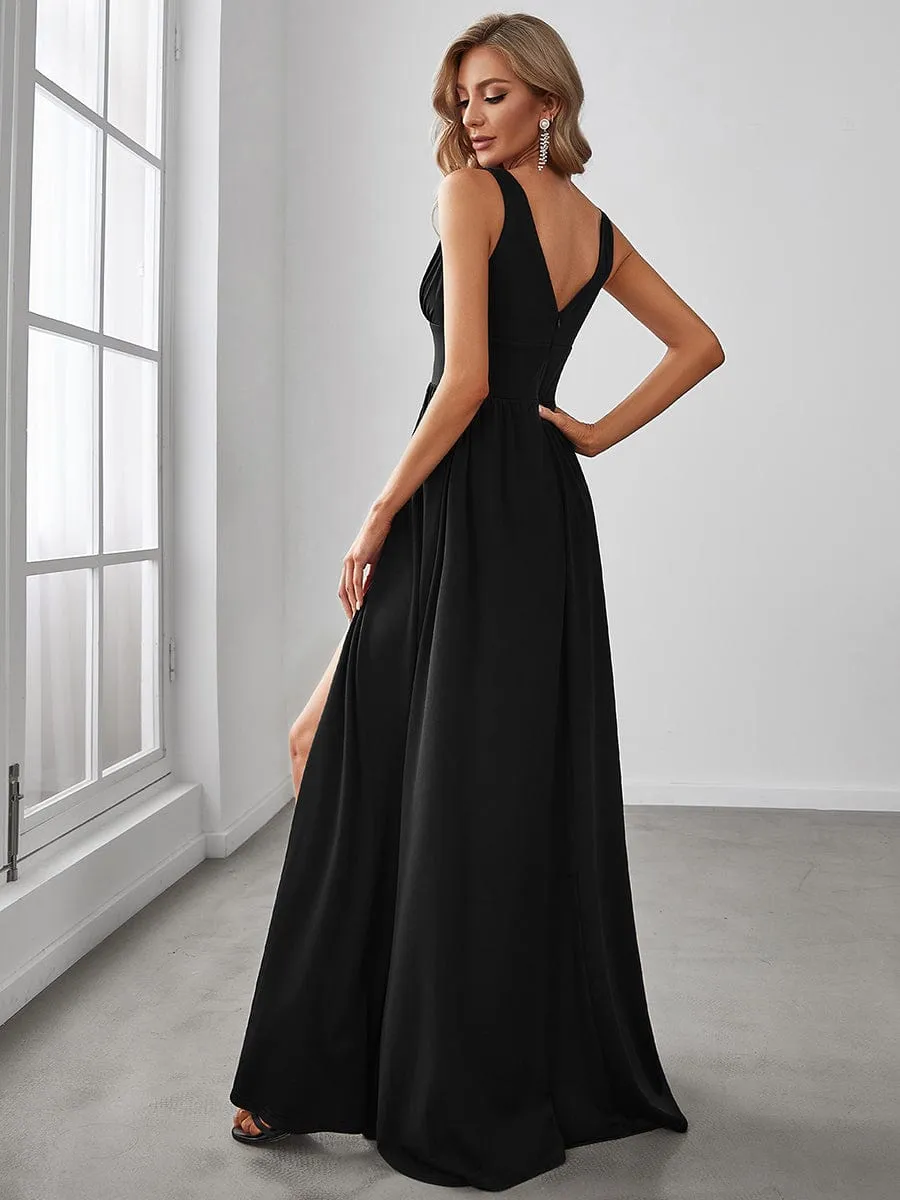 V-Neck High Slit Empire Waist Floor-Length Evening Dress