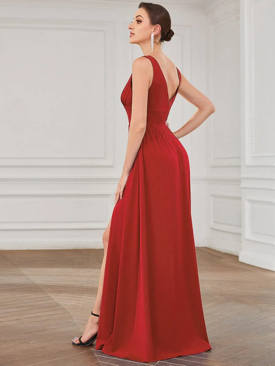 V-Neck High Slit Empire Waist Floor-Length Evening Dress