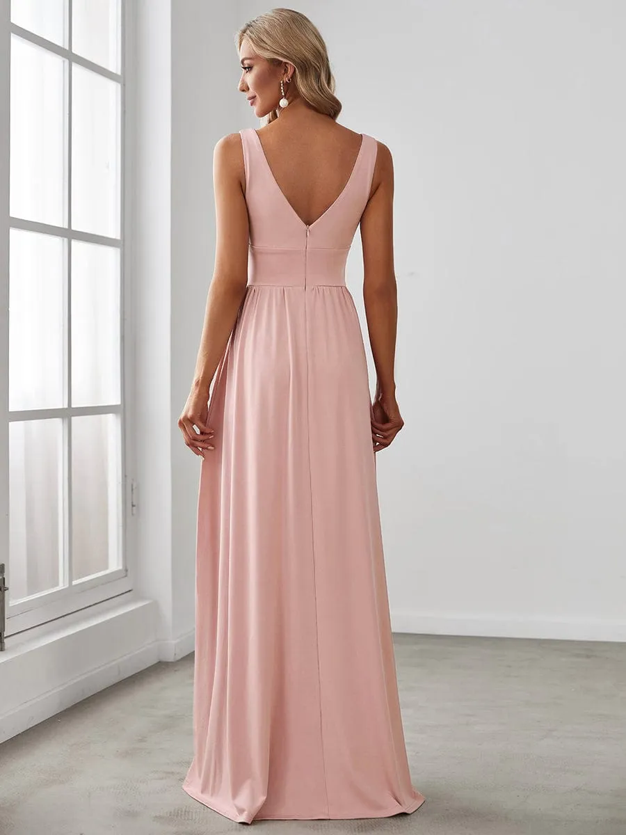 V-Neck High Slit Empire Waist Floor-Length Evening Dress
