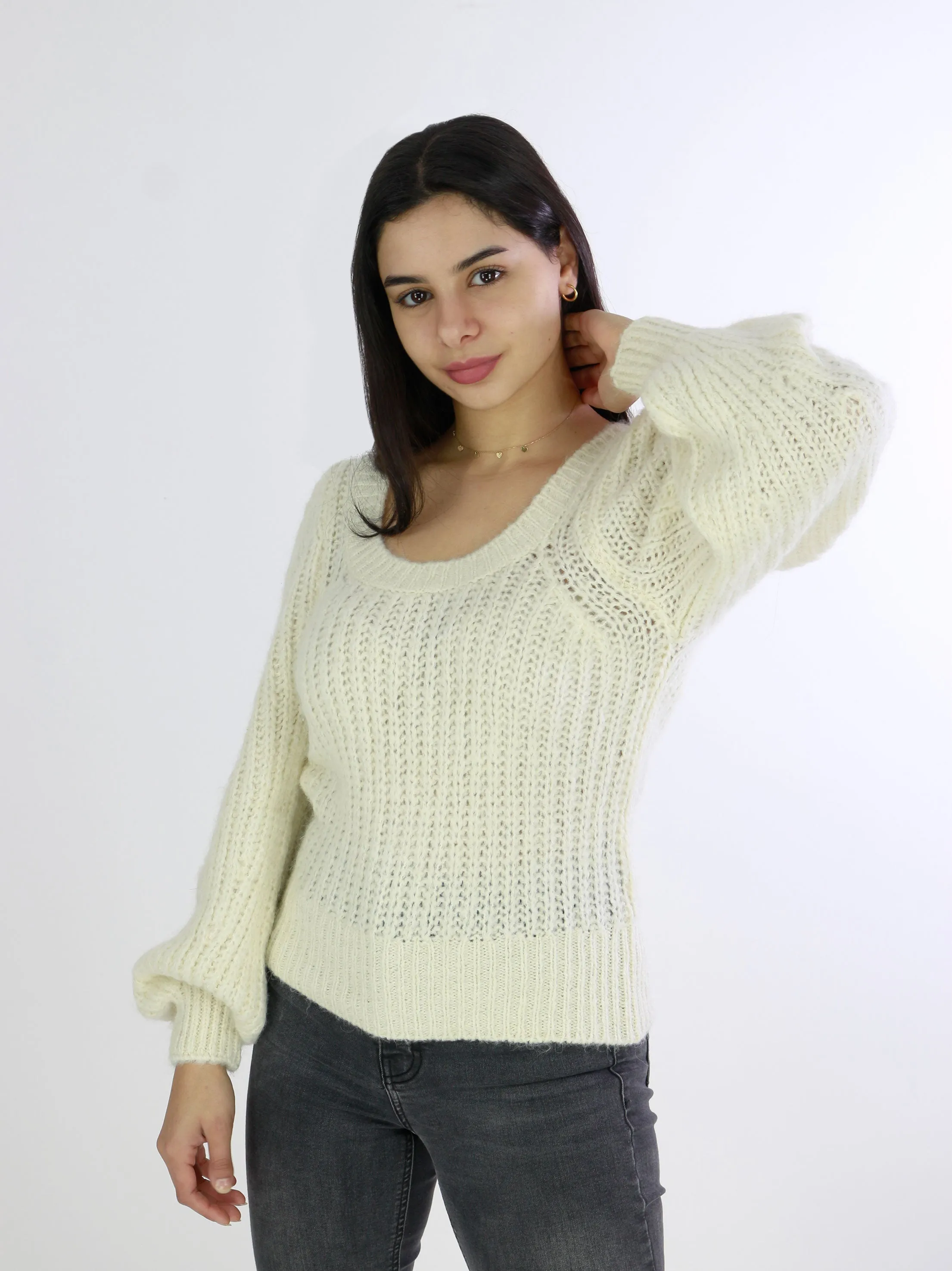 Women's Wool Boomber Sleeve Sweaters,Offf White