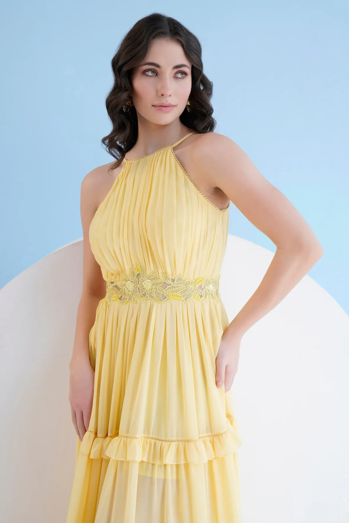 Yellow Halter Long Frill Dress